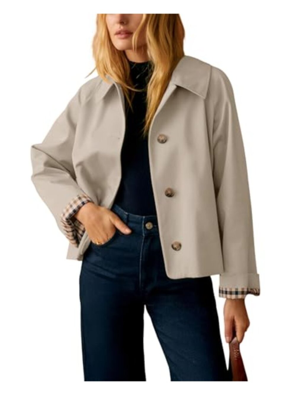 Cropped Trench Coat Casual Outerwear Jacket Polyester Button Front